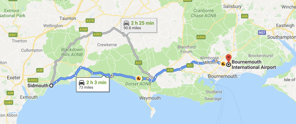 Taxi from Sidmouth to Bournemouth Airport Route